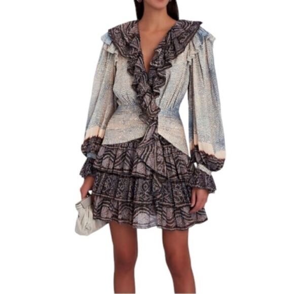 Ulla Johnson Sara Metallic Blue Stripe Ruffle Long Sleeve Silk Mini Dress - Picture 1 of 10